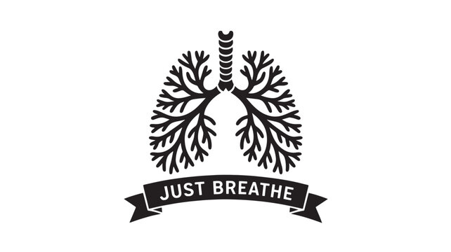 Lungs with Just Breathe Banner, Black and White Illustration
