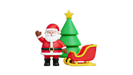 Santa Claus Waving Near Christmas Tree and Sleigh, Festive Holiday Scene