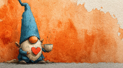 Whimsical gnome with heart symbol holding a steaming cup, standing against a textured wall.