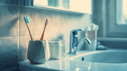 朝の身支度前、洗面台の脇に整えられた歯ブラシ立てが清潔な暮らしを感じさせる水彩ポリゴン