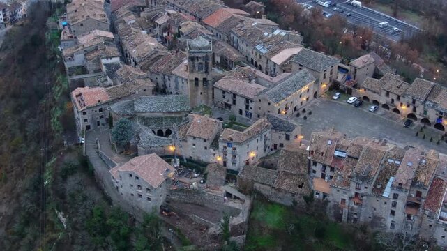 Aerial perspective over the historic medieval village of Ainsa in the Pyrenees mountains of Spain