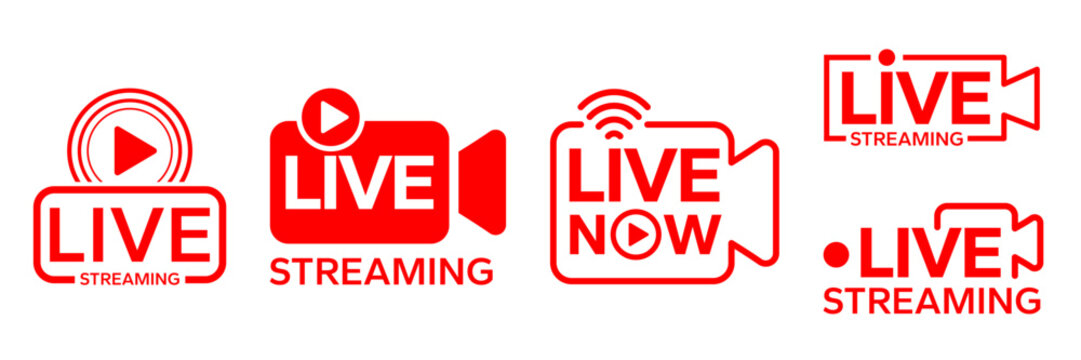 Live streaming icon set button, banner, label, sticker, stamp. Live broadcasting buttons and symbols. Video online stream icons. Live stream logo. Watch live stream. Social media. Vector illustration.