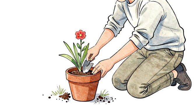 鉢植えに花を植えるガーデニングの様子のイラスト