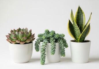 Three potted succulent plants isolated on cream beige background