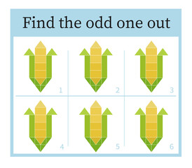 Attention task. Kids activity page. Cartoon corn.