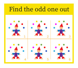 Attention task. Kids activity page. Cartoon juggler.