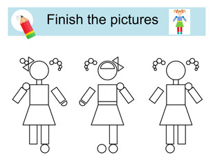 Activity for kids. Finish the pictures so that they all look the same. Cartoon doll.
