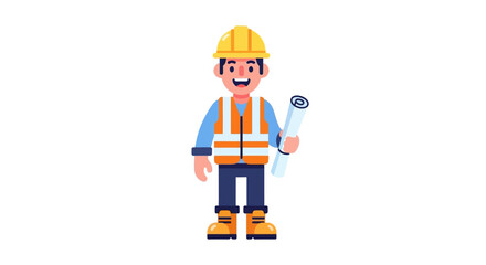 Fototapeta premium Happy Male Construction Worker Holding Blueprint and Wrench.