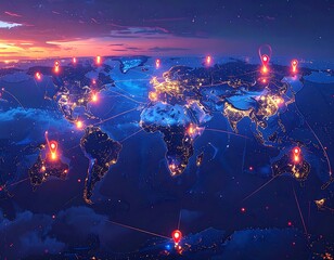 Illuminated globe with red location markers and network lines