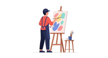 Artist painting on canvas with brush and easel, creating abstract art.