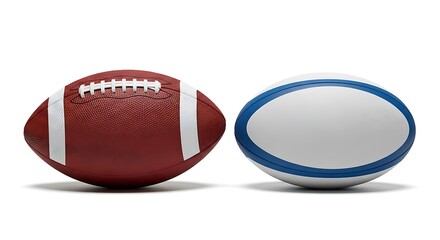 American Football and Rugby Ball Comparison on White Background.