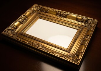 Ornate antique gold picture frame isolated on black and brown background