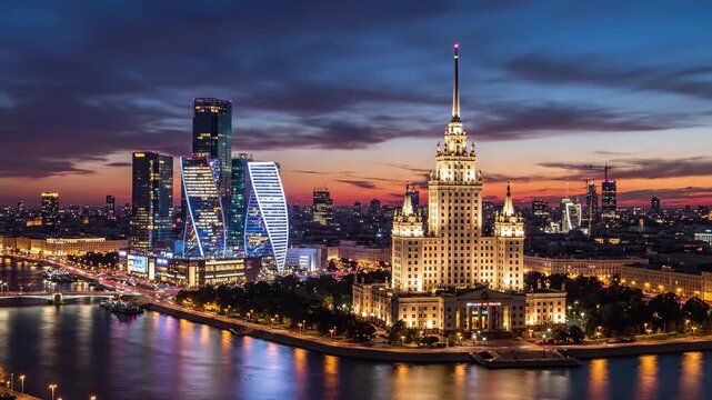 Moscow city skyline at sunset with stalinist skyscraper and moskva river, 4k high quality video
