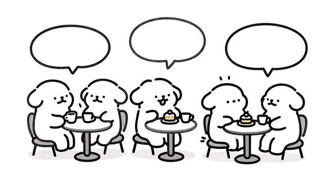 カフェでケーキやコーヒーを楽しみながら談笑するキャラクターのイラスト