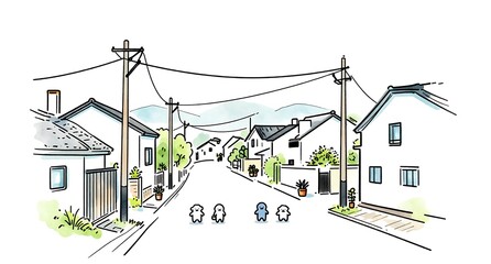 日本の閑静な住宅街を散歩する可愛いキャラクターたちの風景