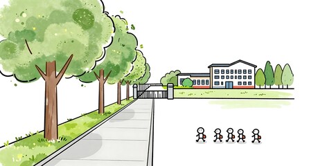 豊かな緑に囲まれた学校と元気に登校する子供たちのイラスト