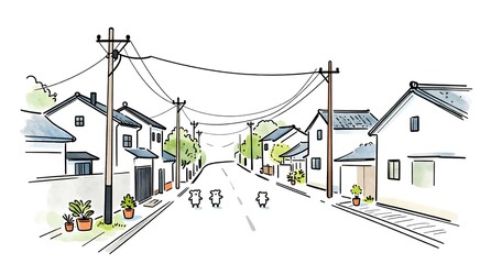 日本の街並みを散策する可愛いキャラクターの風景