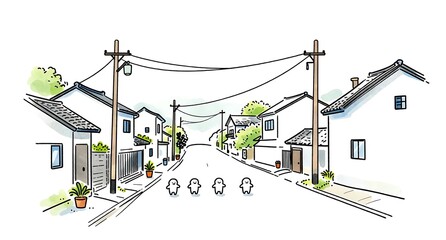 日本情緒を感じる静かな住宅街を行くキャラクターたちのイラスト