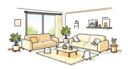 日当たりの良い明るいリビングルームと癒やしのキャラクターたち