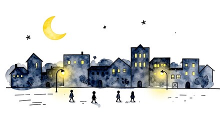 三日月が輝く幻想的な夜の街並みと歩く人々の水彩風景