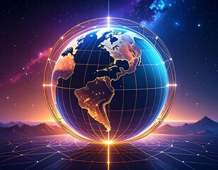 Illuminated globe within a digital grid, set against a cosmic backdrop