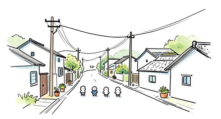 電柱と家並みが続く日本の原風景とキャラクターの散歩シーン