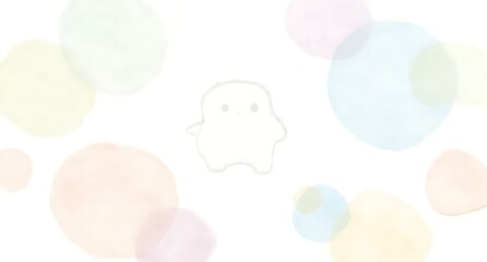 パステルカラーの水彩ドットと中央に浮かぶ可愛いキャラクターの背景