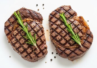 Two grilled steaks with rosemary isolated on light cream background