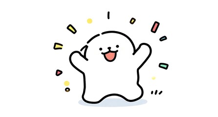 紙吹雪の中で大喜びする白いキャラクターのお祝いイラスト