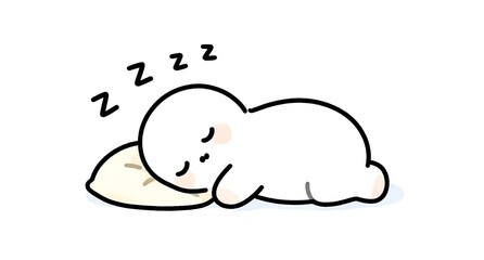 白背景で安らかに眠る可愛いキャラクターの睡眠シーンイラスト