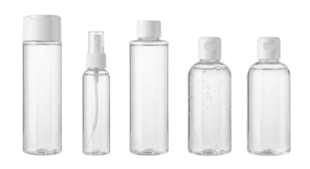collection of empty transparent plastic bottles isolated on a clean background with clear forms