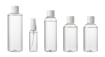 Collection of transparent plastic bottles with different shapes and sizes isolated on a clean