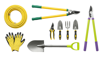 Variety of gardening tools including hose, shears, trowel, gloves and pruning shears isolated on a
