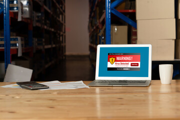 Virus warning alert on computer screen detected modish cyber threat , hacker, computer virus and malware