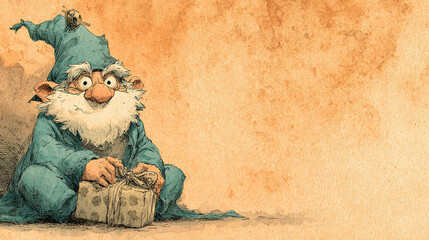 whimsical wizard with a long white beard and pointed hat, sitting with a gift box.