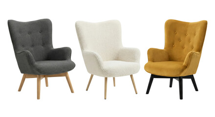 Fototapeta premium Elegant modern armchairs with plush upholstery and wooden or metal legs isolated transparent
