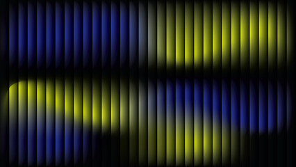 Abstract yellow and blue glowing wavy lines flowing on grey vertical grid background