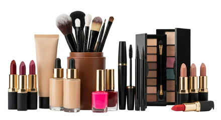 Collection of professional makeup products and brushes arranged with isolated transparent background