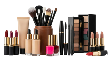 Collection of professional makeup products and brushes arranged with isolated transparent background
