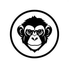 Simple yet striking monkey head logo in graphic monochrome style with high contrast, centered composition, circular framing, and modern emblem design, featuring sharp lines and geometric shapes, with 