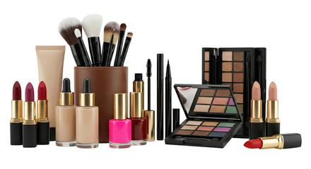 Elegant collection of makeup brushes lipsticks nail polishes and eyeshadow palette isolated on a