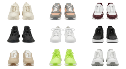 Collection of stylish sneakers with diverse colors and designs isolated on a transparent background