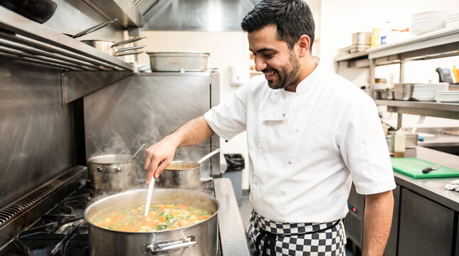 Chef in Kitchen: A skilled chef meticulously stirs a steaming pot of soup, his focus unwavering as he crafts a culinary masterpiece within a professional kitchen environment. - Powered by Adobe