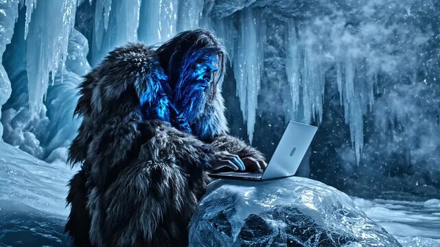 A dramatically lit, warm-toned caveman is typing on a computer inside his primitive, stone-walled prison, blending prehistoric style with modern technology.