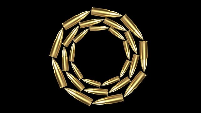Bullets Circle Loading Animation Loop on Black Background, Rotating Ammunition Cartridge Spinner Indicator for Military, Weapon, FPS Game, Shooter HUD, Countdown, Waiting Screen and Tactical Video Gr