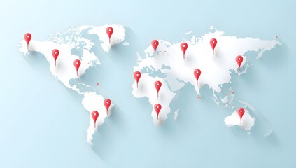 Global network of interconnected locations marked by red pins on a stylized world map illustration against a light blue background representing worldwide connectivity and travel destinations