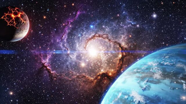 Two planets and a spiral galaxy in deep space with stars and nebulae, 4k high quality video