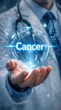 Doctor presents medical hologram health technology longevity biohacking cancer visualization with stethoscope microscope hand holding futuristic interface showing dna helix human anatomy research