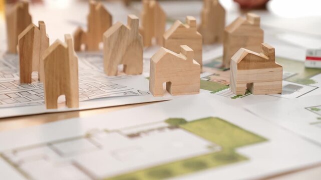 Architect and engineer discuss about building blueprint on table with architectural document, measurement tools scatter around at office, use wooden block for house positioning. Closeup. Delineation.
