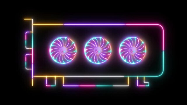 GPU Outline Icon Neon Glow Animation on Black Background, Graphics Processing Unit Symbol with Futuristic Digital Technology, Gaming Hardware, Artificial Intelligence and High Performance Computing